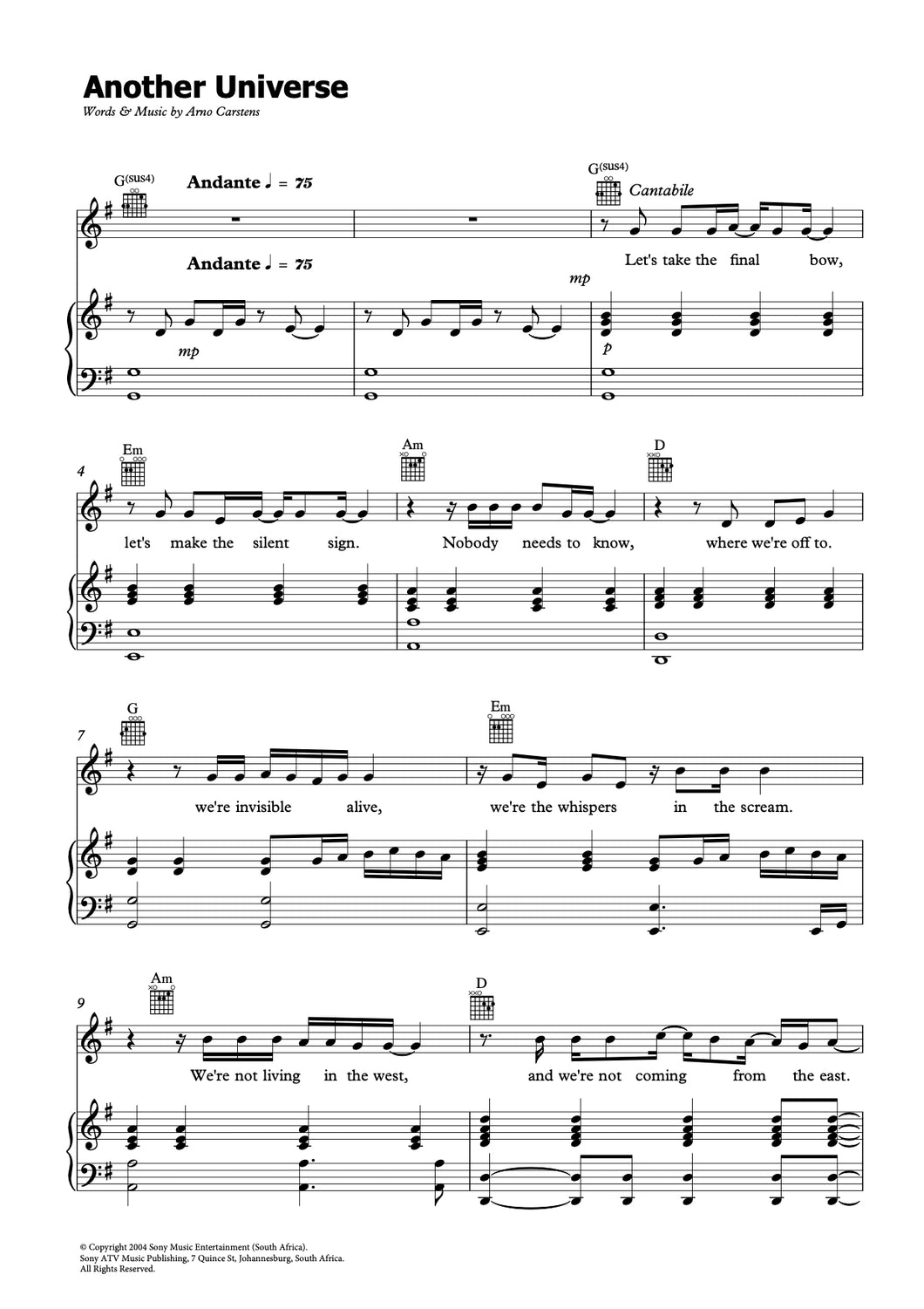Arno Carstens - Another Universe Sheet Music