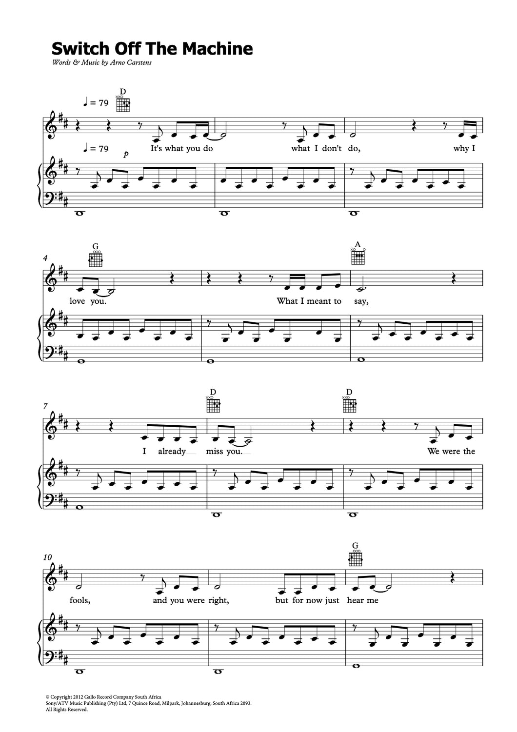 Arno Carstens - Switch Off the Machine  Sheet Music